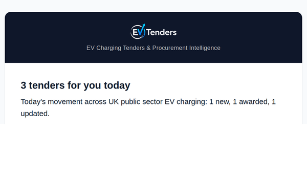 The EVTenders daily digest email header, reading 3 tenders for you today, with the day of UK EV charging movement