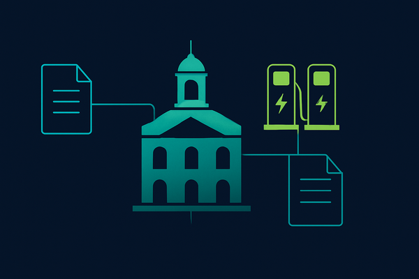 A town hall connected to EV charging units and documents, representing council procurement