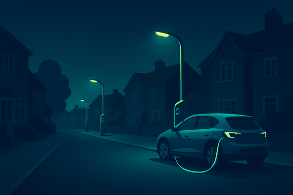A UK residential street at dusk with on-street lamppost EV chargers and a car charging