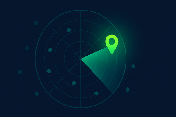 A radar display with a single highlighted location pin representing a saved-search alert